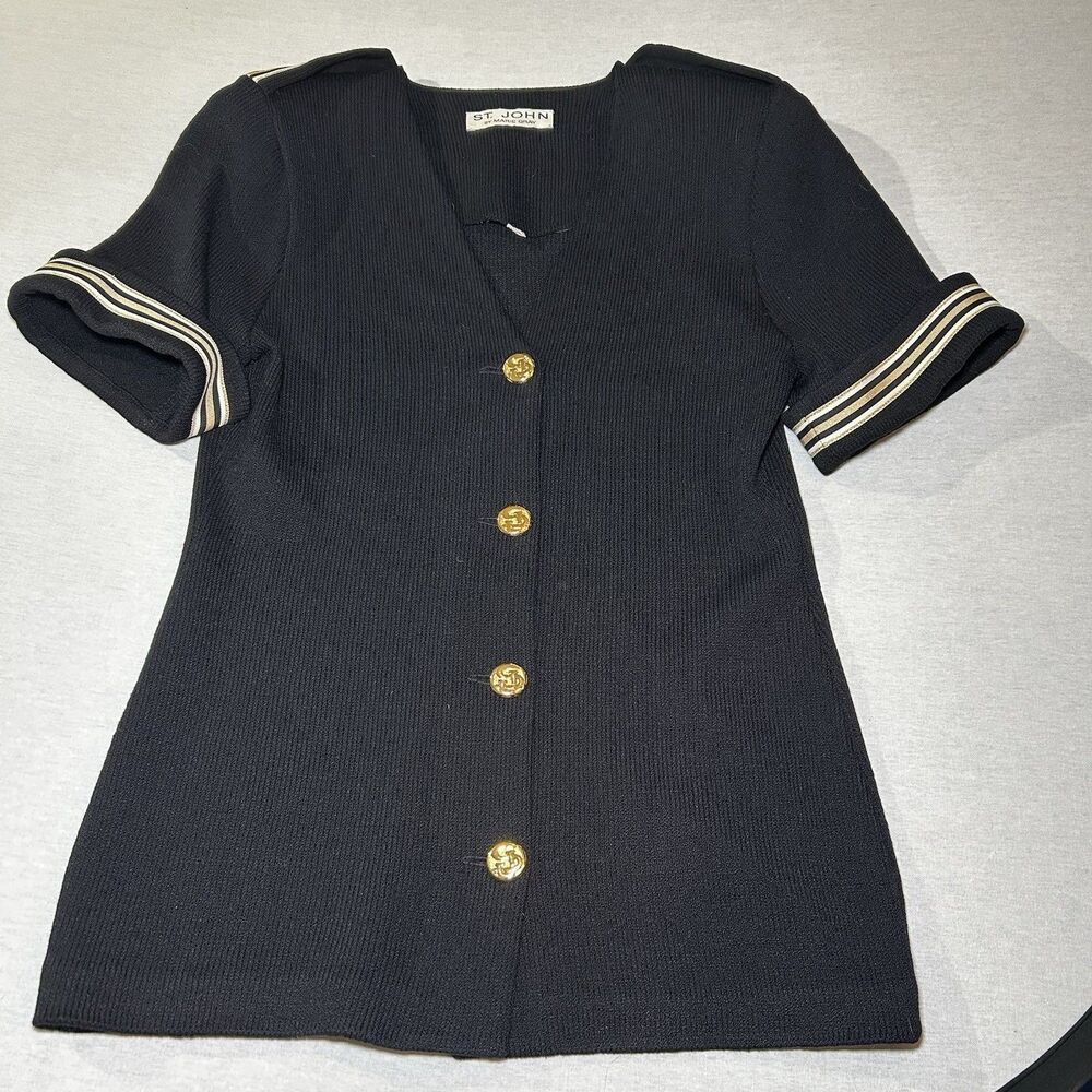 St. John Black Sweater with Gold Button Detail